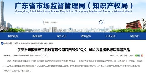 東莞市無限通電子科技召回部分PQK誠立方品牌電源適配器產品，上海網絡與信息安全軟件開發